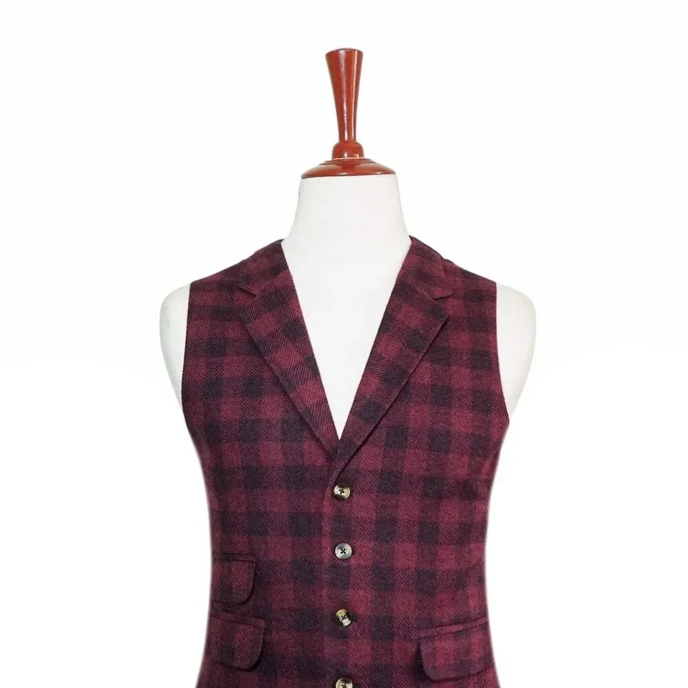 Mens 46R Wool Vest Burgundy Black Plaid Check Waistcoat Formal Wedding Party